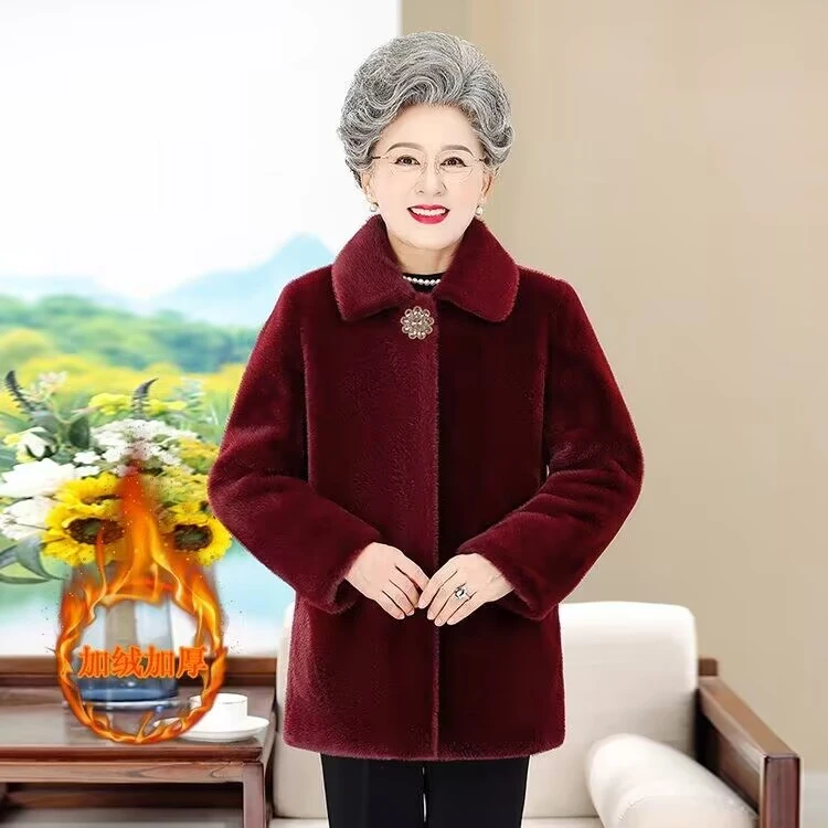 98中老年女仿水貂绒奶奶冬装加绒外套大衣妈妈装高贵中长款气质