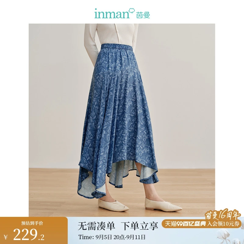 【商场同款】茵曼春秋女半身裙长裙半裙牛仔显瘦不规则休闲女装印花