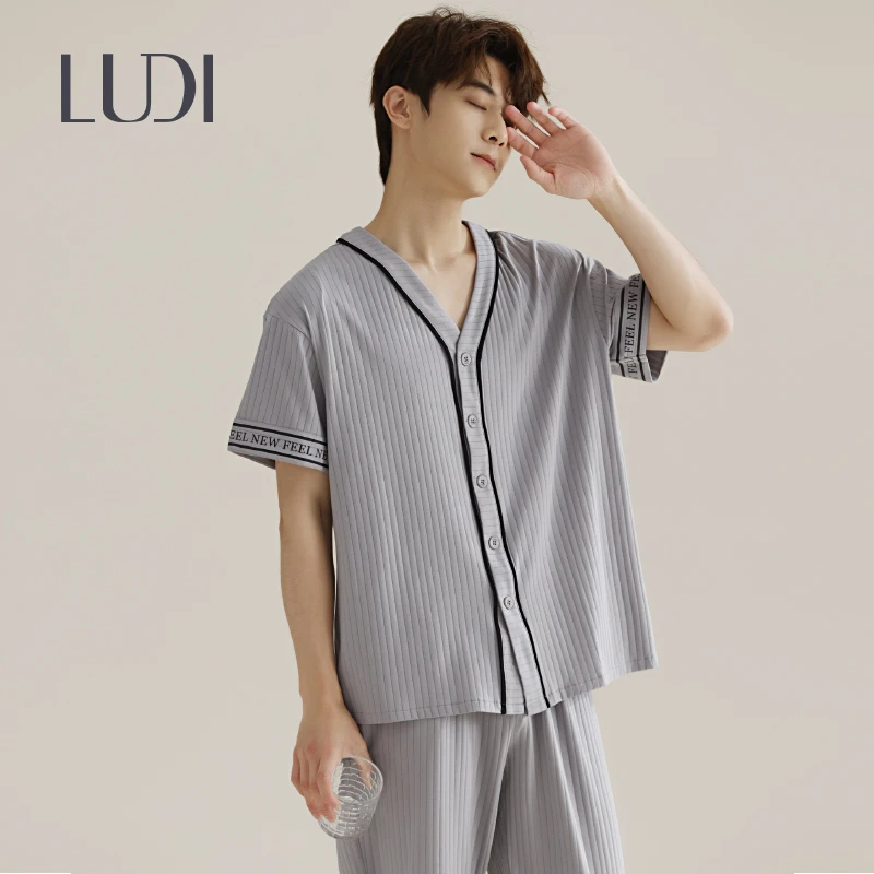 露迪尚品春秋男士棉质字母印花短袖长裤家居服套装LDC243002