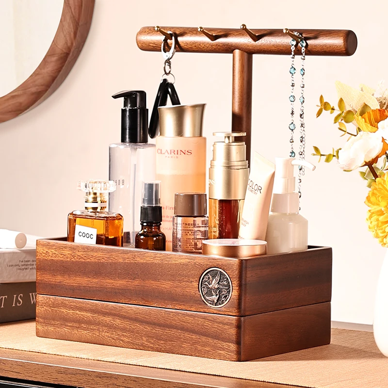 门口玄关胡桃木摆件钥匙首饰挂架化妆品收纳盒桌面实木双层置物架