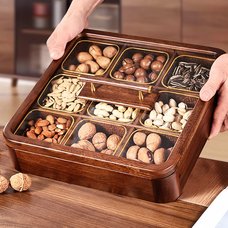 新中式胡桃木大容量干果盒客厅家用轻奢实木核桃零食分格干果盘