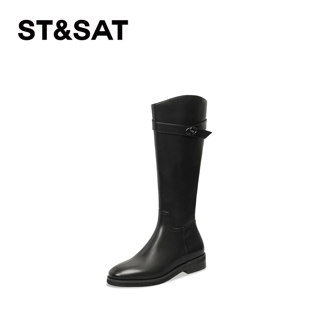 星期六时尚百搭黑色长筒靴秋冬圆头中跟真皮SSC4117486