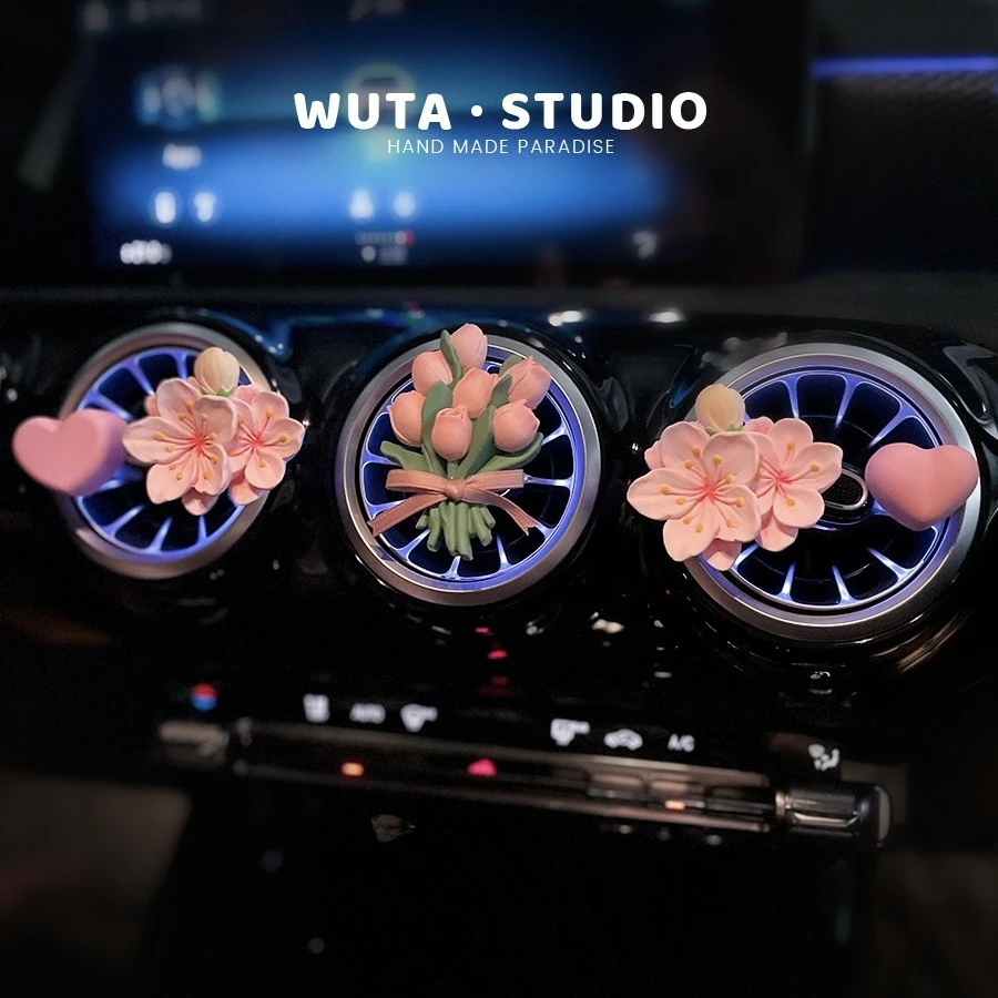 ins粉色系桃花郁金香花朵车载香薰汽车出风口装饰扩香石摆件简约