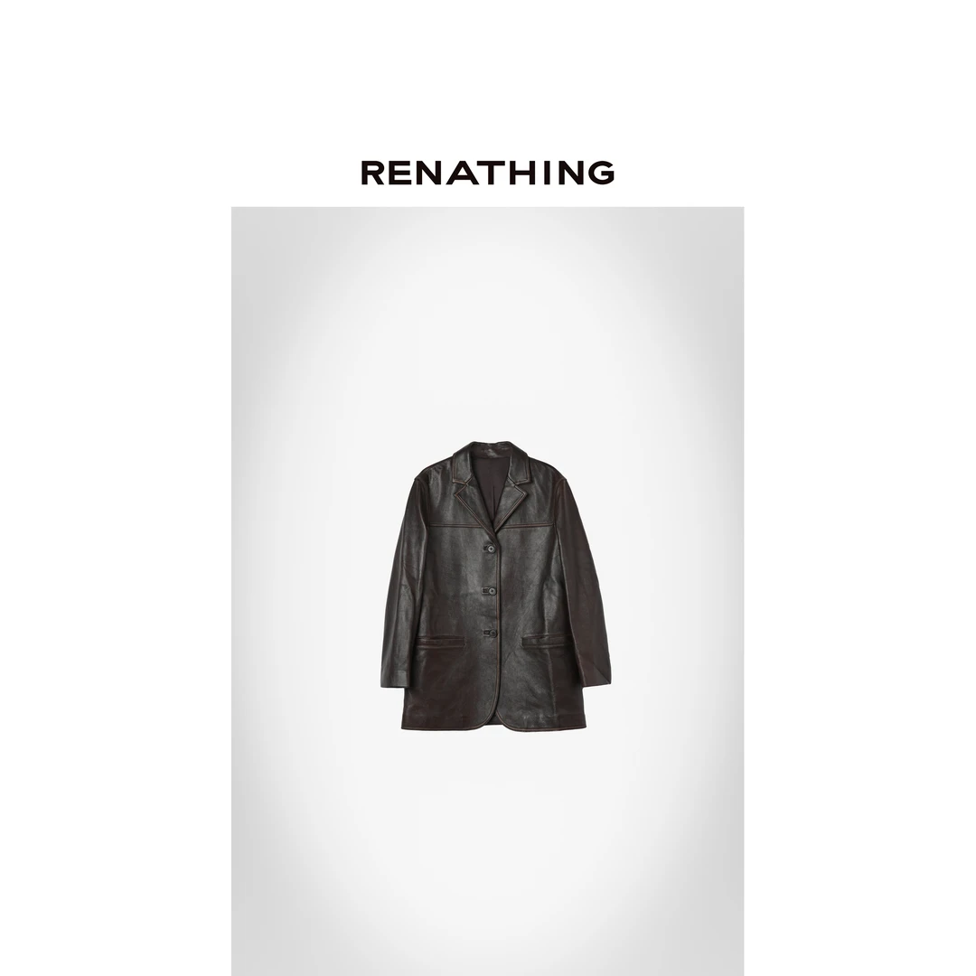 【RENATHING】复古棕擦色皮衣西装外套