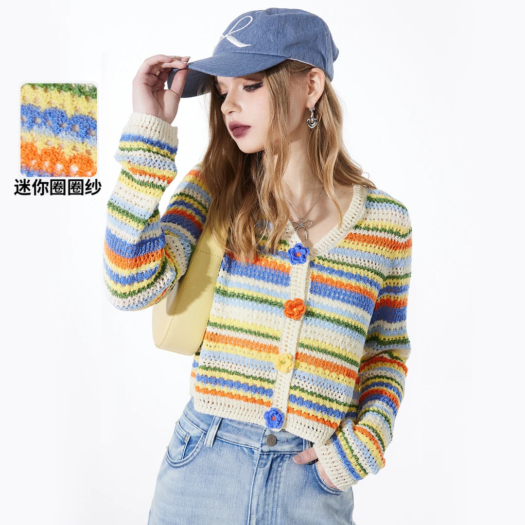 【小云总专属】豌豆公主系列24年夏条纹针织衫女花朵纽扣小衫