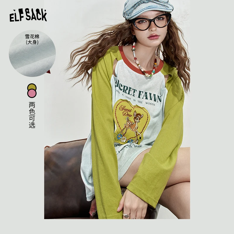 1235【金拐子专属】妖精的口袋 小鹿斑比 撞色破洞插肩t恤女2024