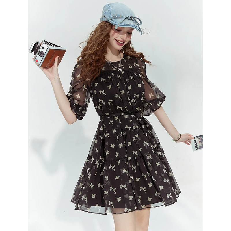 【诗语专属】妖精的口袋蝴蝶结印花雪纺连衣裙女2024夏新款公主风