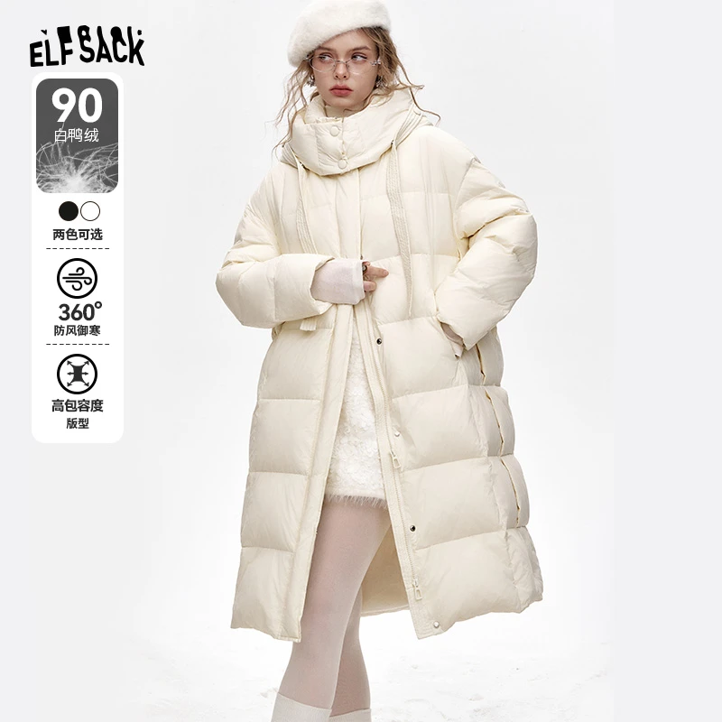 妖精的口袋中长款羽绒服连帽设计2024冬季新款设计感休闲百搭加厚