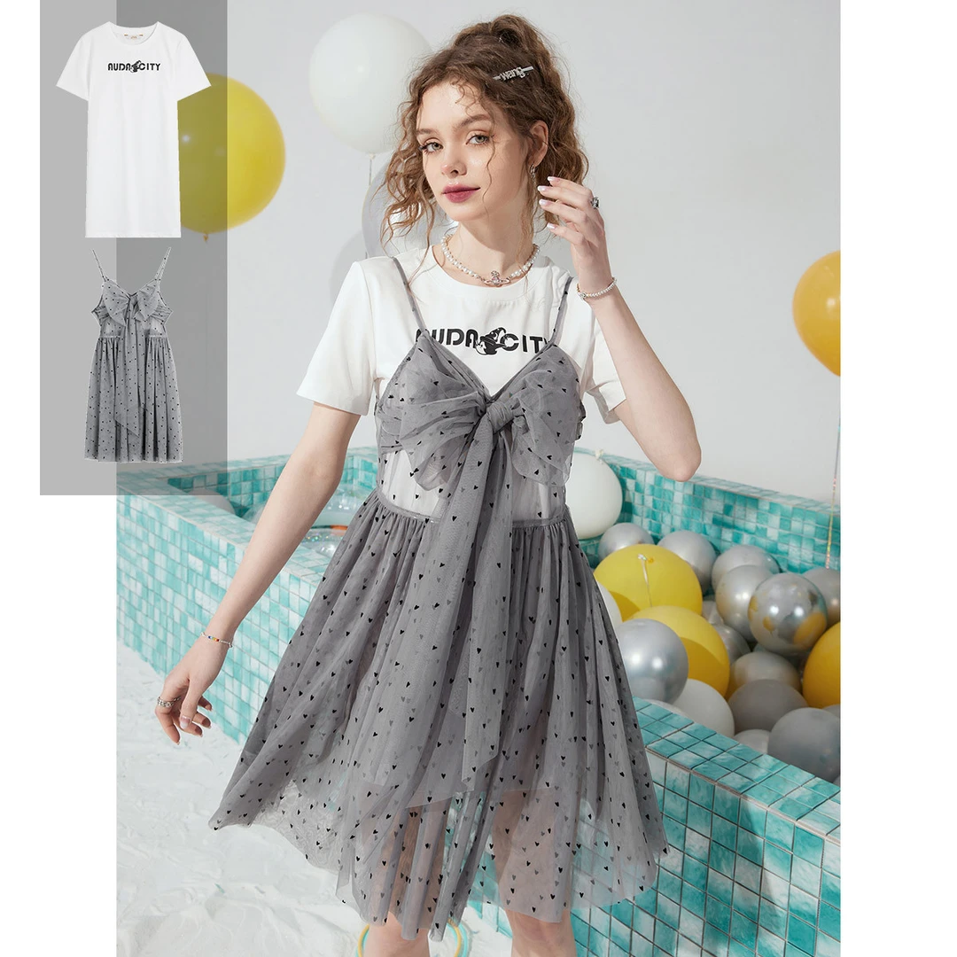 0121【赵老板】春夏款网纱波点甜美连衣裙女简约百搭短袖T恤