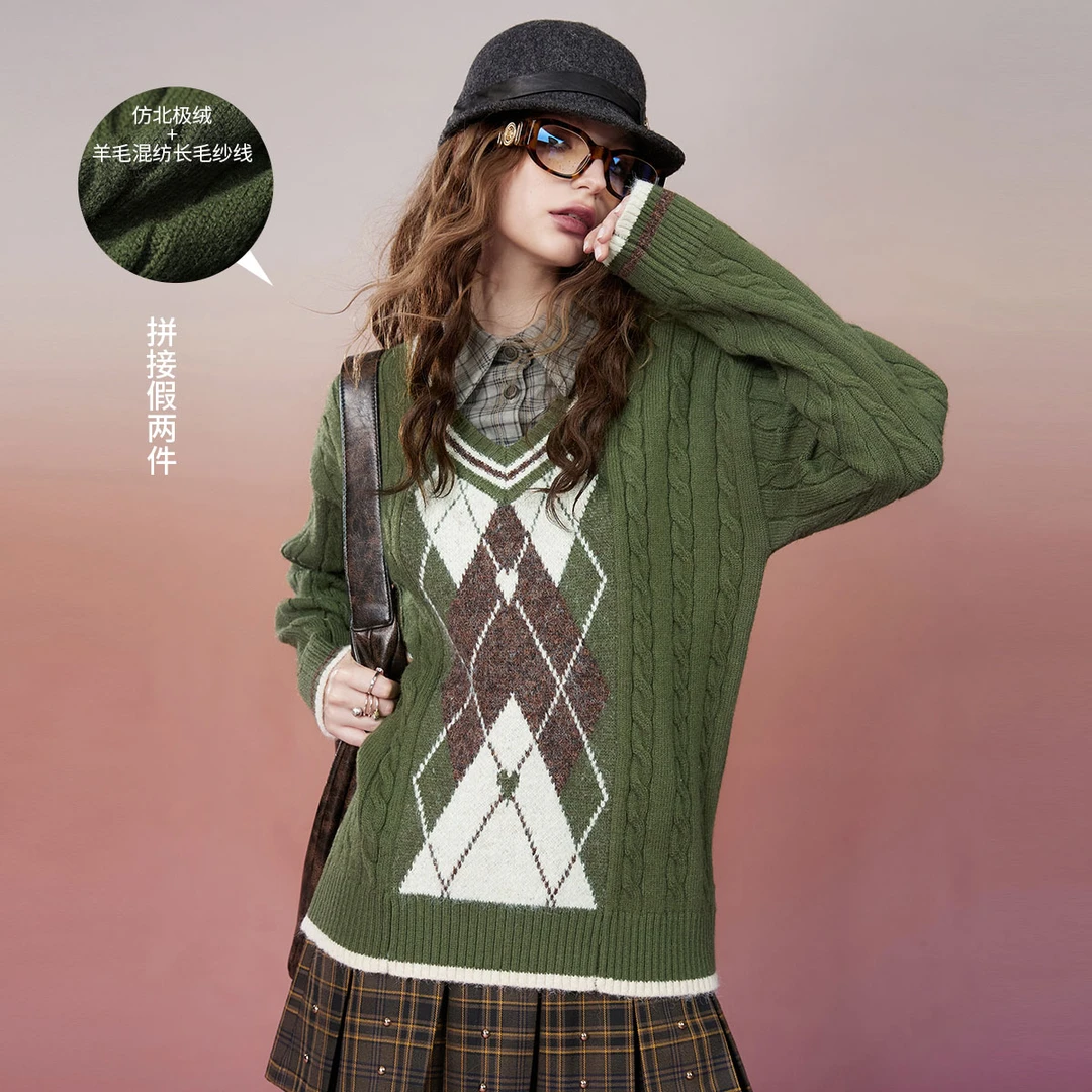 【诗语专属】非正式学院系列冬季款假两件复古菱格毛衣女针织上衣
