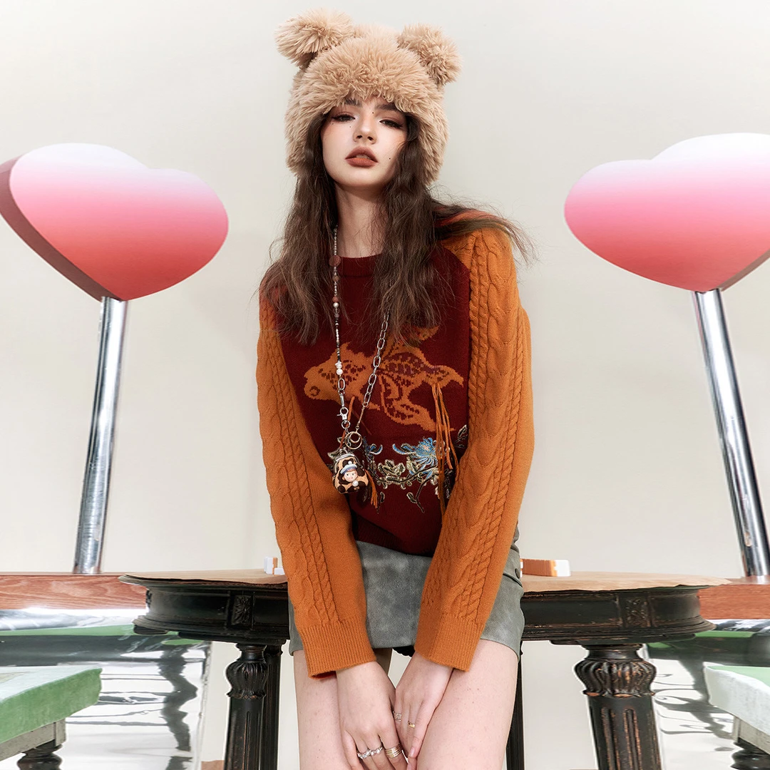 【诗语专属】【金鱼和花枝】冬季款撞色插肩套头毛衣女绣花针织上