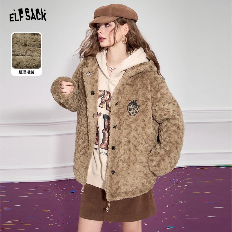 3049【金拐子】妖精的口袋暖冬泰迪豹纹草莓连帽毛呢外套女20