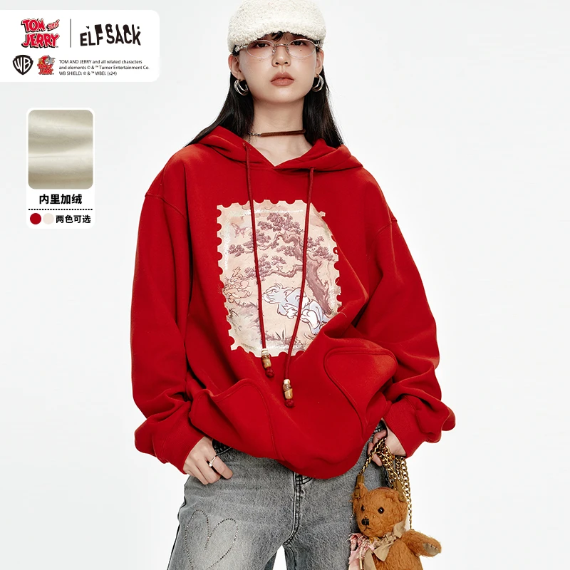 妖精的口袋随心所欲印花连帽加绒卫衣女24新款