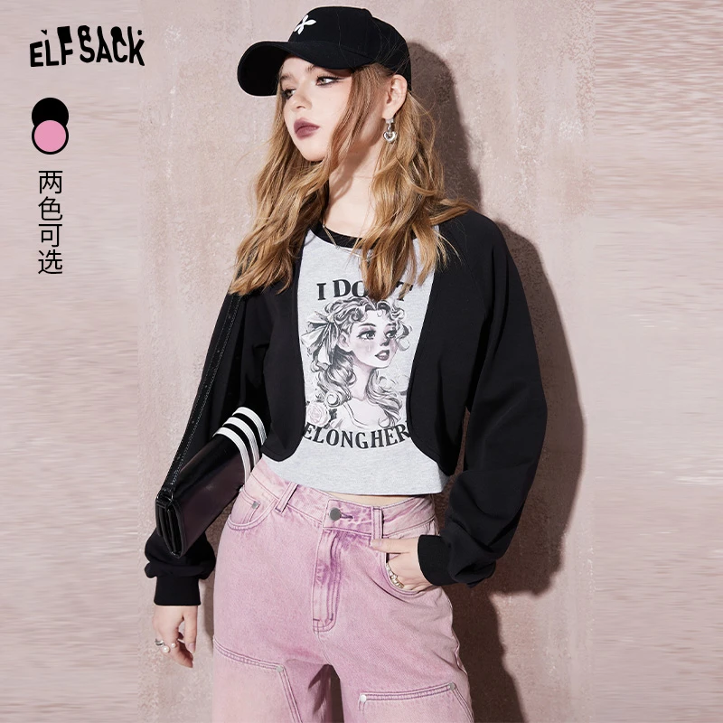 妖精的口袋 惊喜T 印花撞色短款长袖t恤女2024年秋季新款内搭上衣