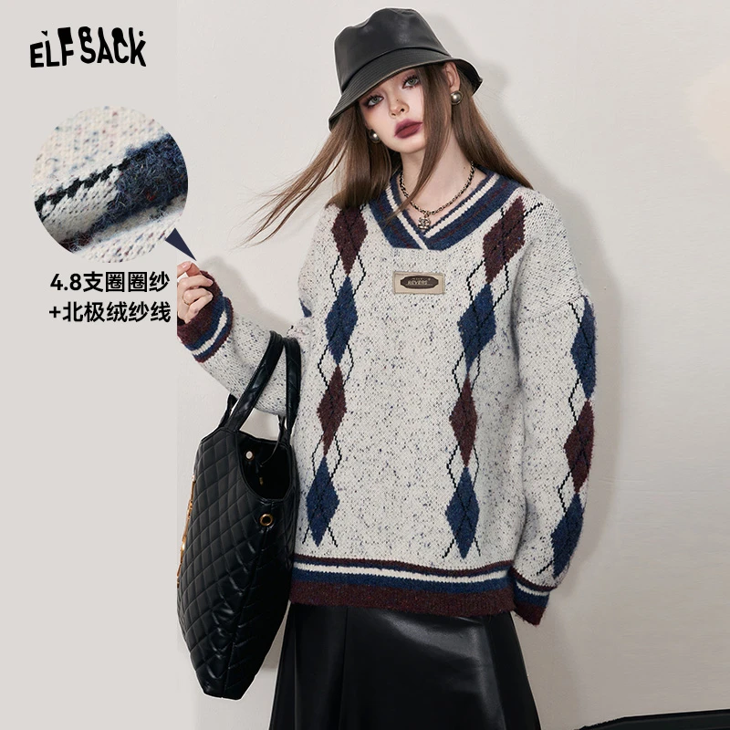 2080【金拐子专属】v领宽松套头毛衣女2023冬季新款学院风设计感