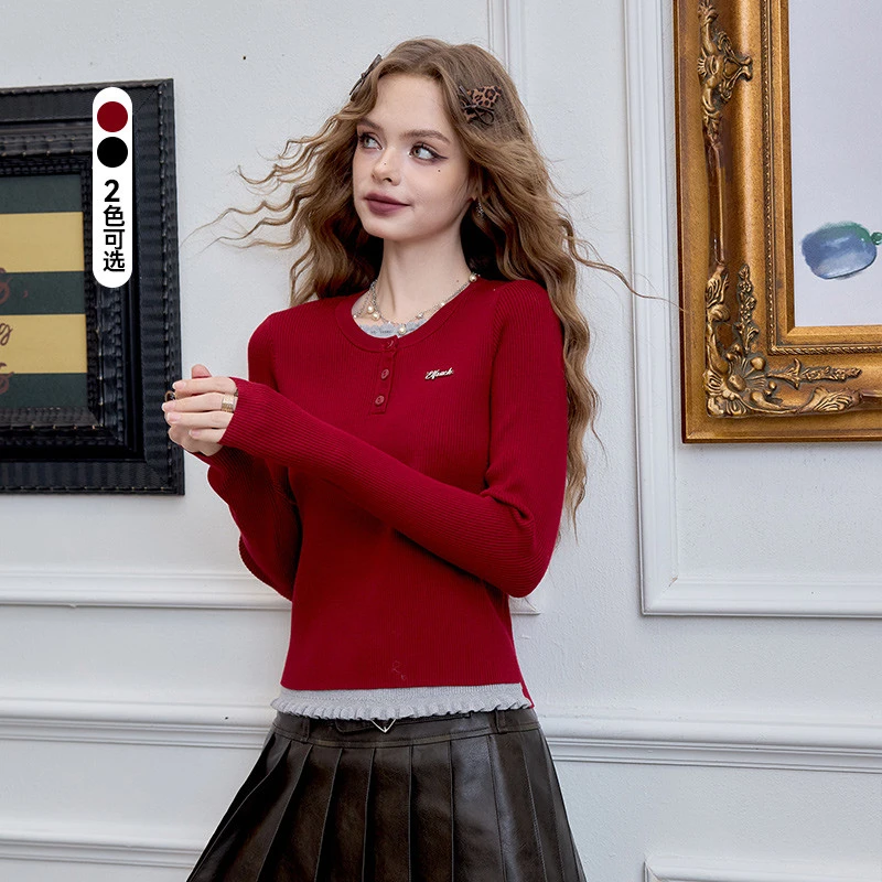 8069【金拐子专属】24年秋冬新款设计感上衣假两件美式修身针织-团