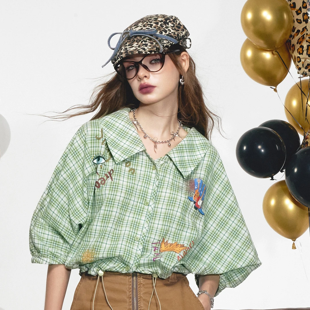 妖精的口袋年夏季新款复古灯笼袖衬衫女格纹衬衣