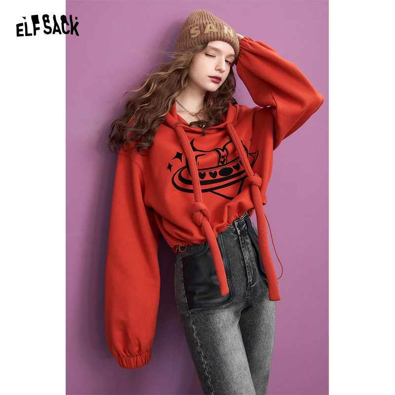妖精的口袋 坏坏的爱 短款连帽卫衣安哥拉红新款宽松长袖套头上衣