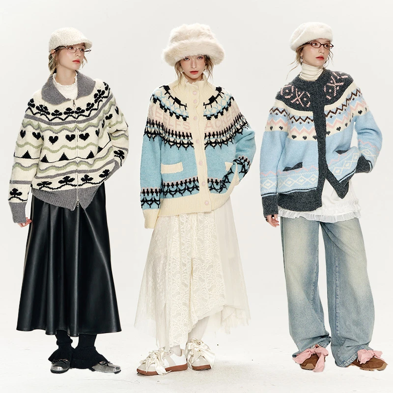 2204【金拐子】费尔岛的雪慵懒毛衣开衫2024冬新款费尔岛圣诞外套