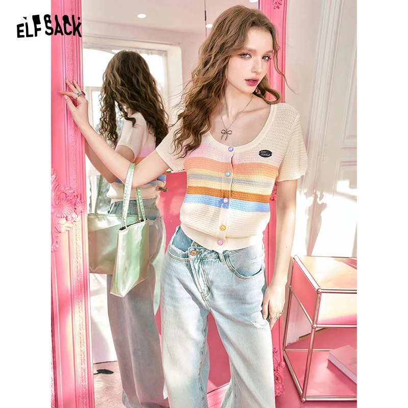 【芋总】妖精的口袋南海岸的风彩虹条纹短袖针织衫