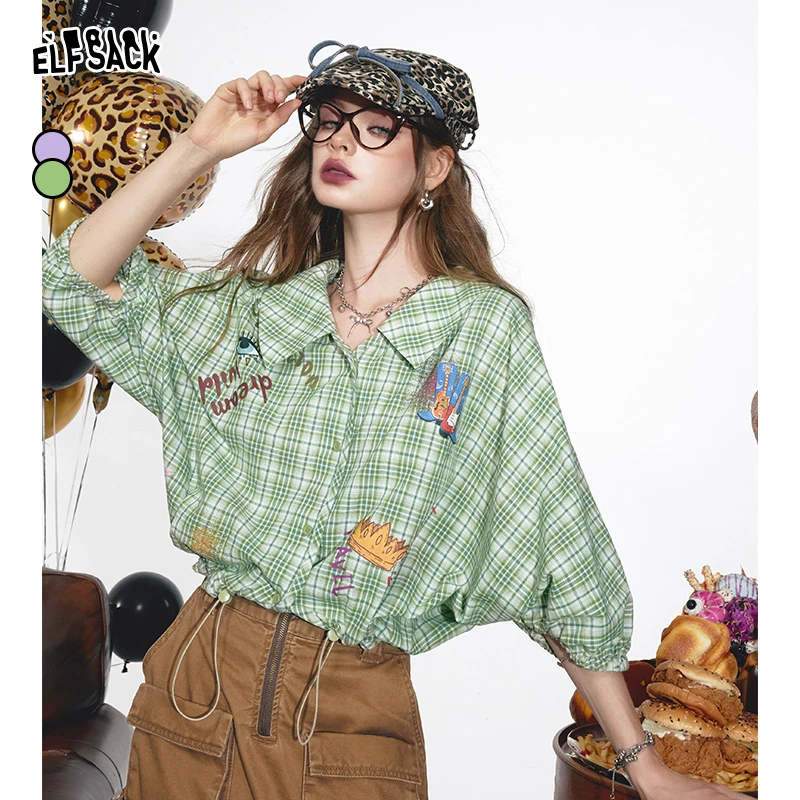 【董艺】妖精的口袋 噪点格子 复古灯笼袖印花格子衬衫女夏季