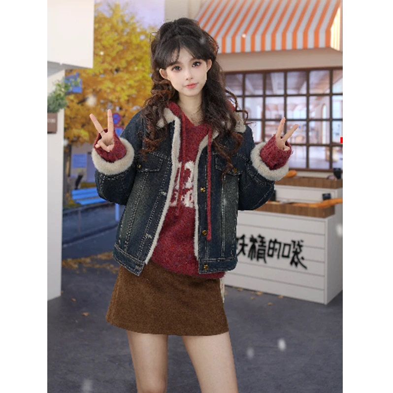 4033【金拐子】妖精的口袋复古牛仔外套毛绒绒拼接2024冬季新款