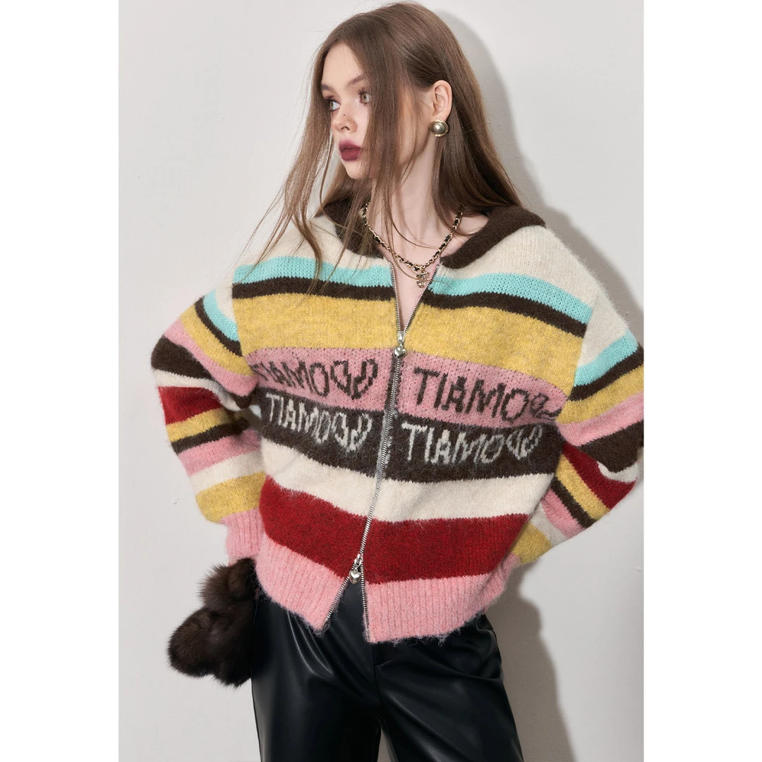 【诗语专属】派对系列冬季款撞色复古条纹字母毛衣女连帽开衫毛衣