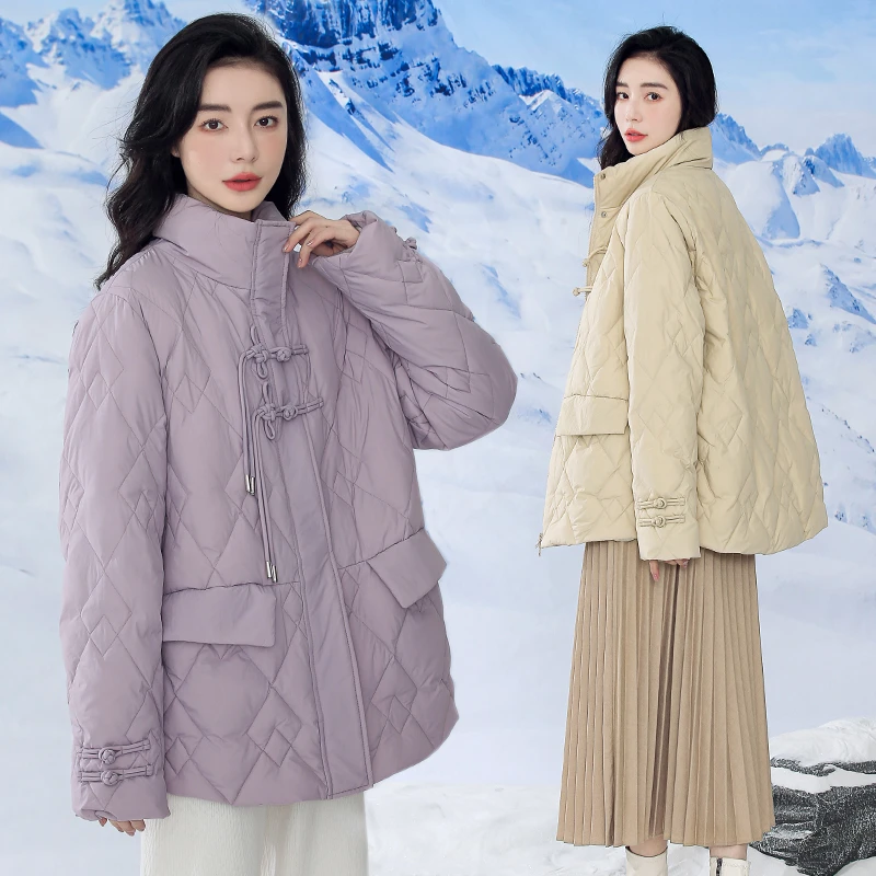 新中式盘扣外套轻薄90羽绒服女冬装立领白鸭绒短外套
