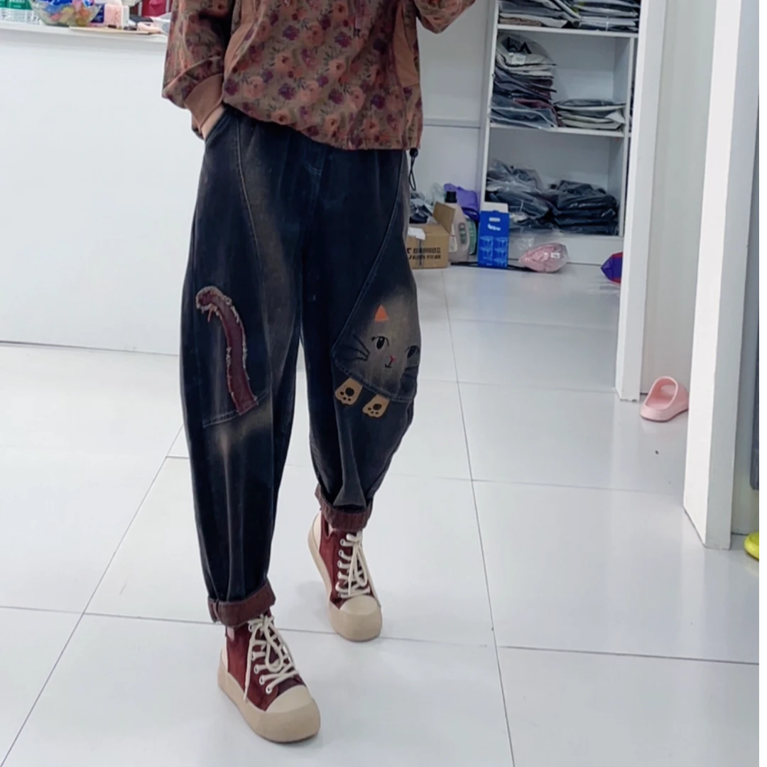 小景推荐 M90欧版猫咪拼接休闲牛仔老爹裤-56038