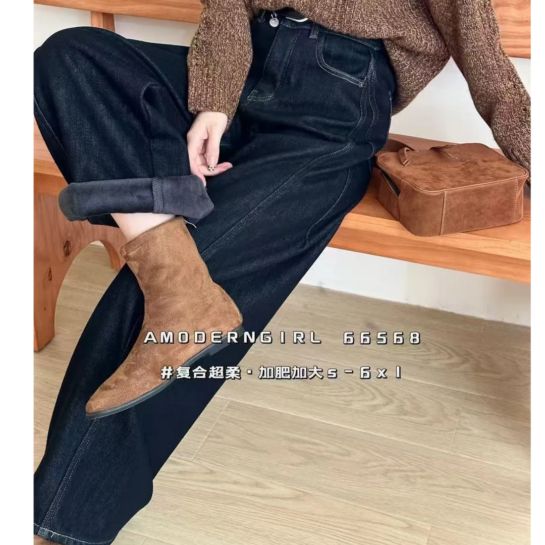 105小景推荐-欧版时尚复合绒弯刀阔腿牛仔裤-66568