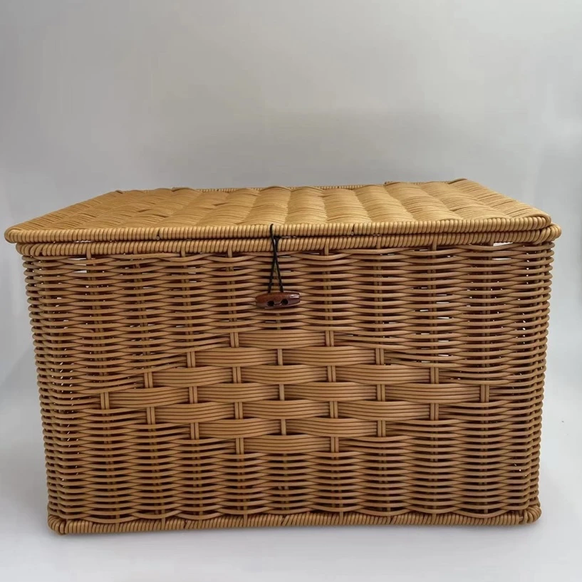 N3棕色新中式特大号带盖收纳筐箱手工编织37*27*20