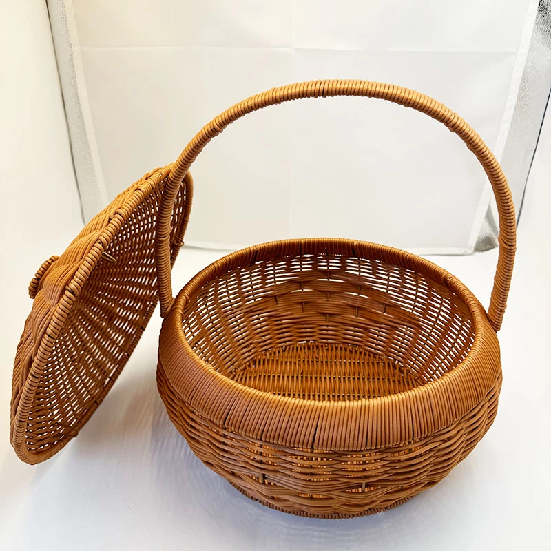 L6棕色圆形单提手带盖野餐篮创意复古郊游篮纯手工编织*
