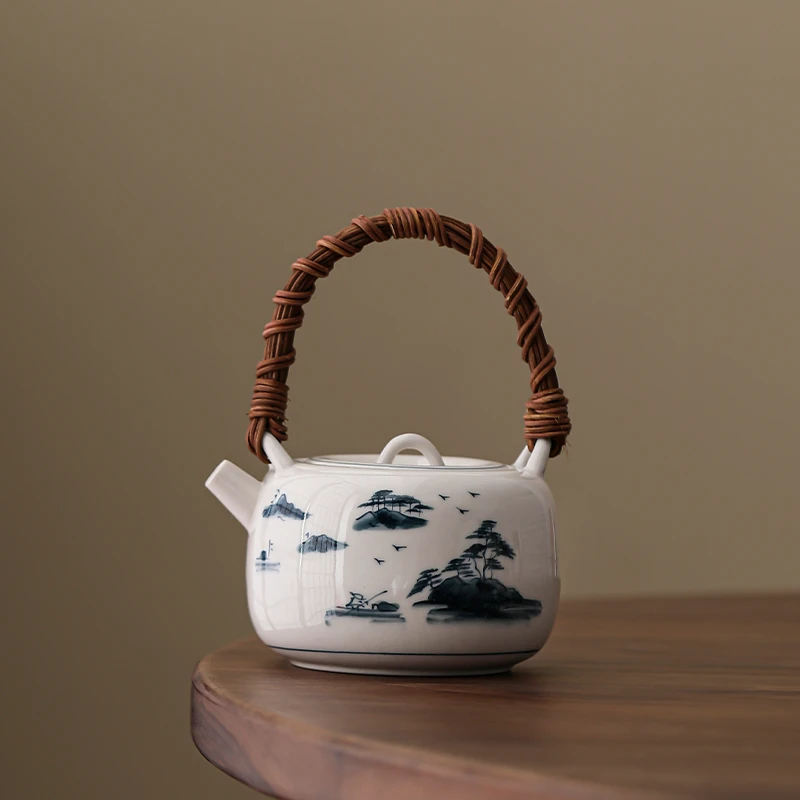 复古釉下彩茶壶日式草木灰手绘山水藤编提梁壶陶瓷功夫茶具泡茶壶