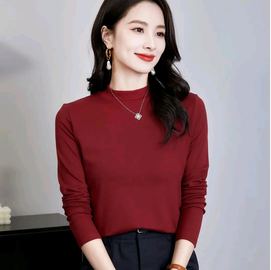 [专柜正版]高品质莫代尔磨毛弹力棉长袖立领纯色时尚T恤打底衫