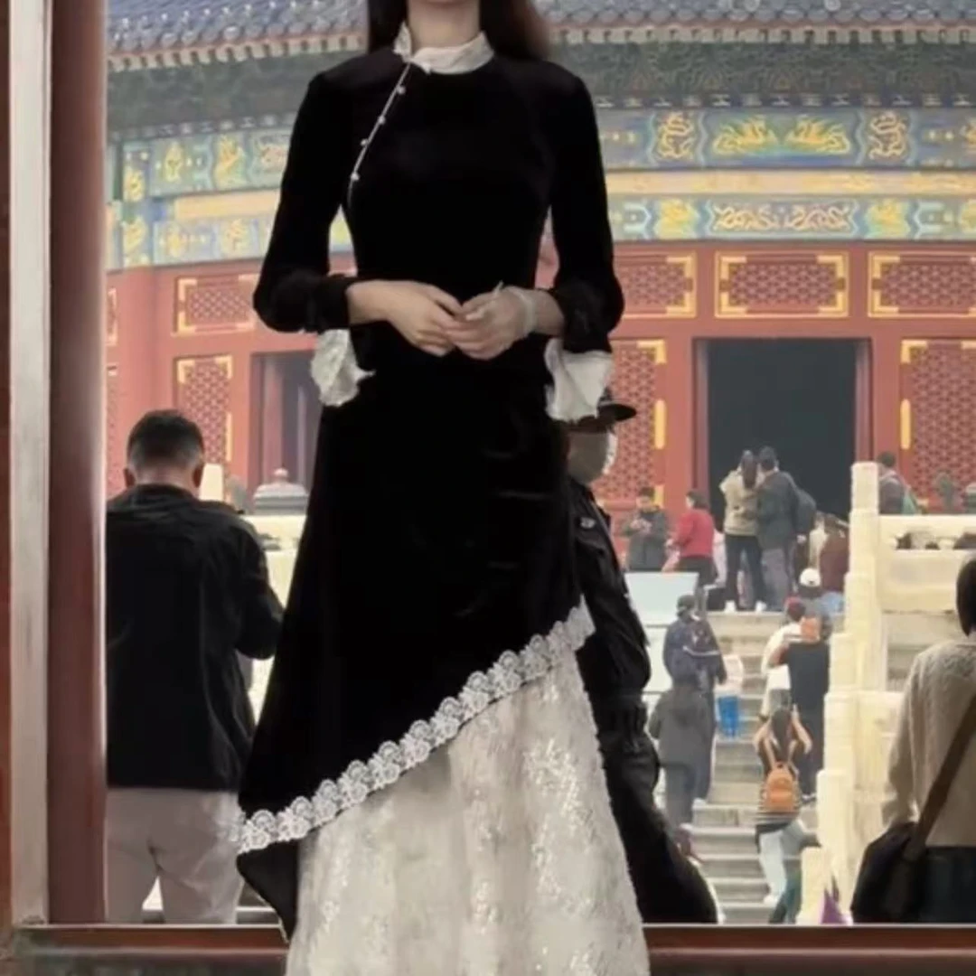 【墨染】新中式国风长袖旗袍连衣裙复古拼接长款修身显瘦旗袍裙子