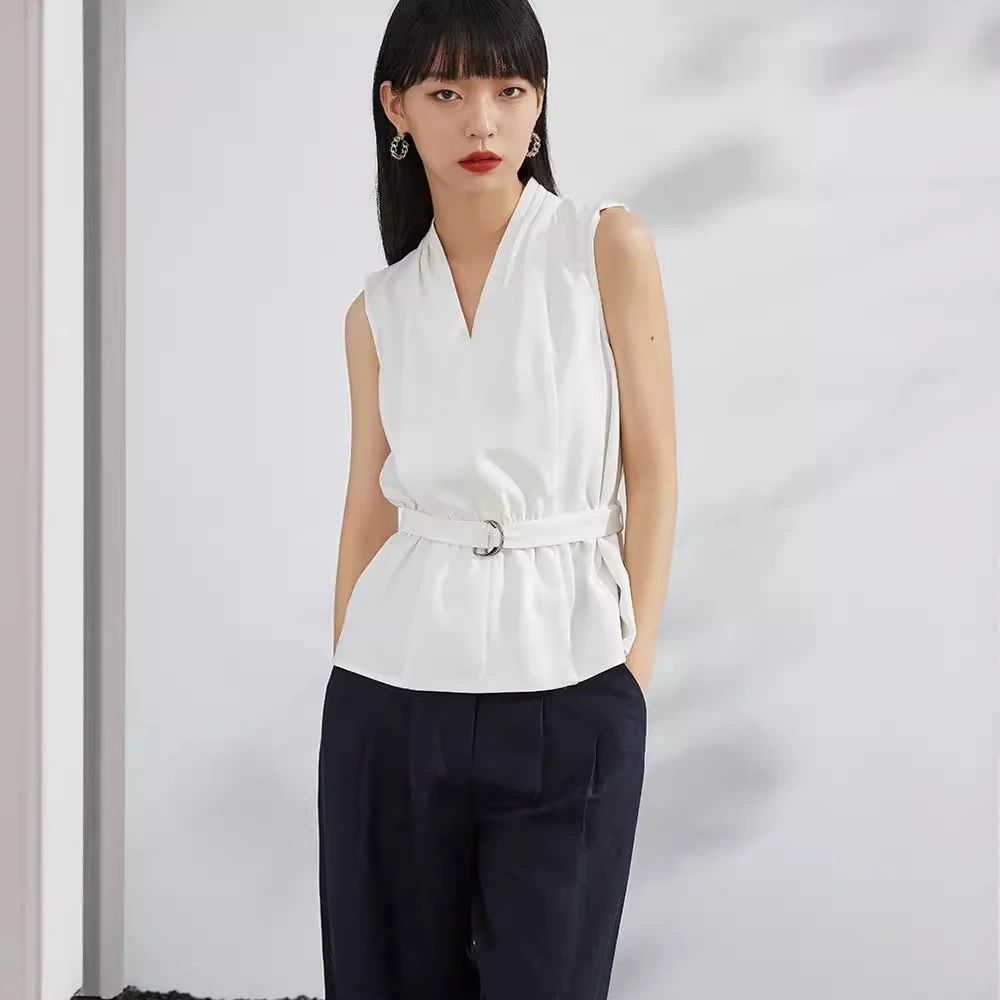 夏季时尚系带醋酸无袖V领衬衫女收腰显瘦设计感短袖上衣17008