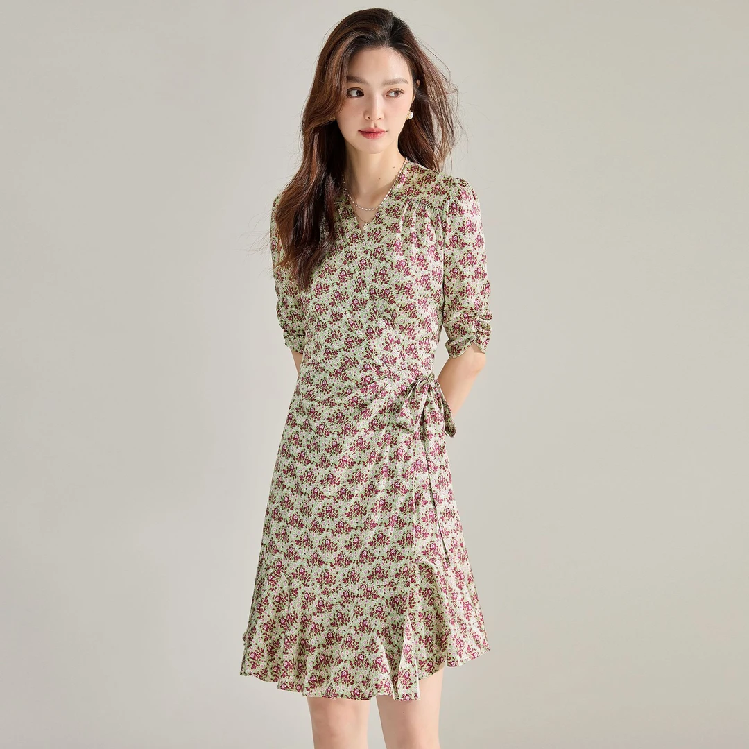 【直播间专属】雅同款V领碎花鱼尾裙碎花收腰显瘦一片式裹身裙15692