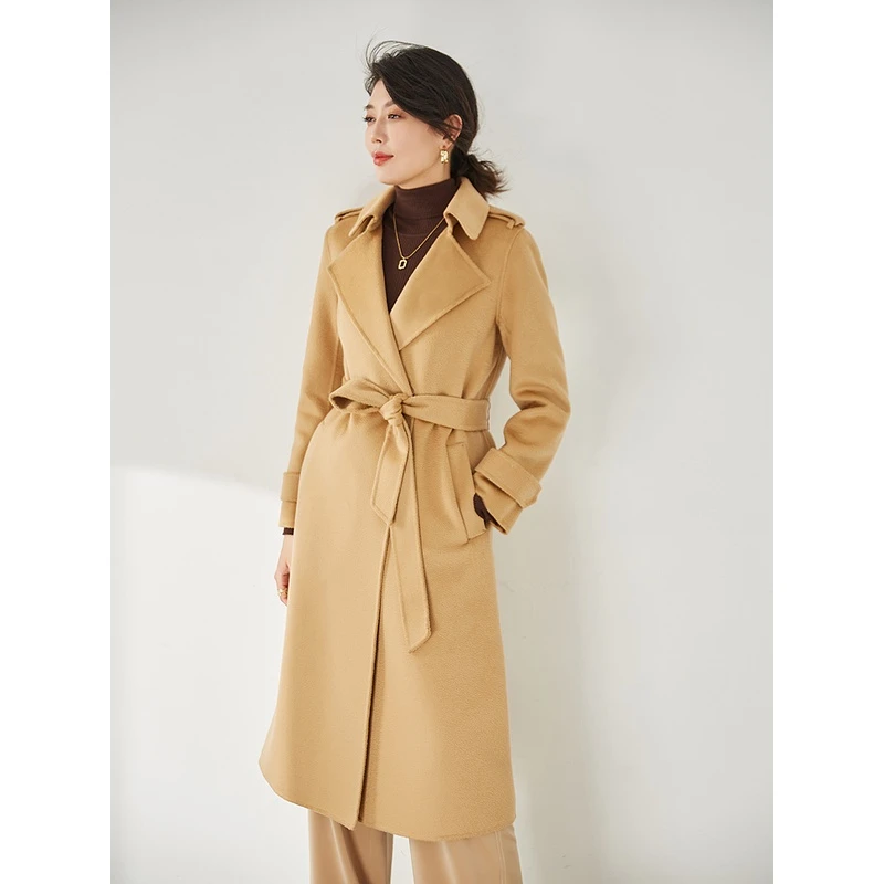 复古水波纹羊毛双面呢休闲驼色长款毛呢大衣外套女12968气质