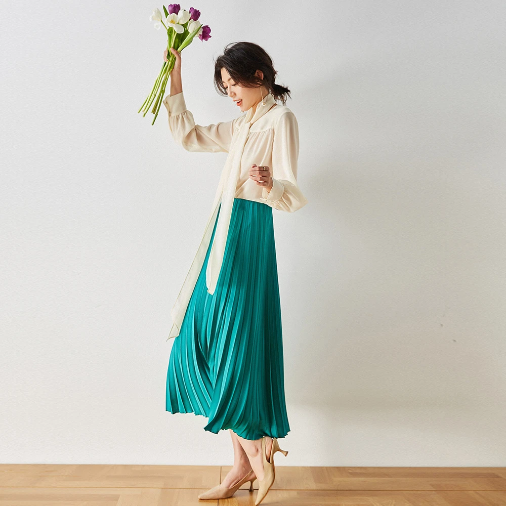 日常春夏新款春优雅压褶显瘦高腰飘逸压褶中长款马面半身裙7556