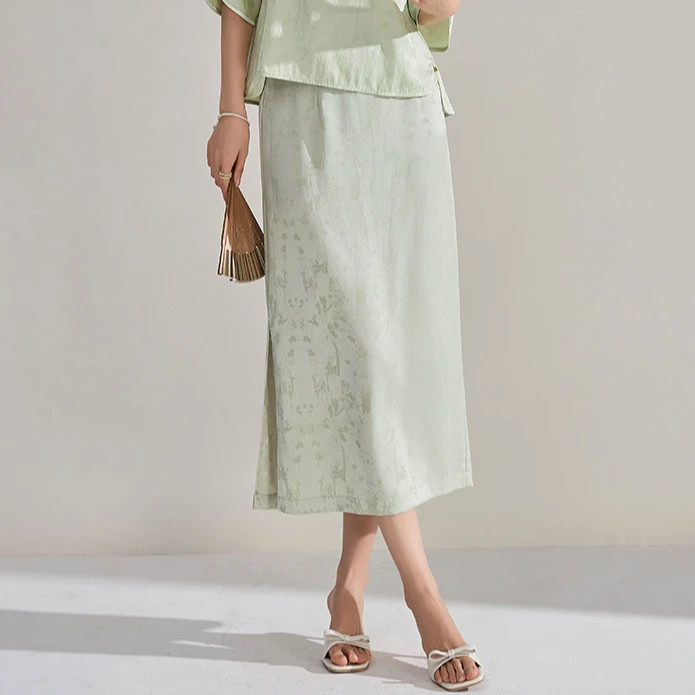 【半裙】夏薄荷曼波新中式缎面提花气质套装国风斜襟半裙15709