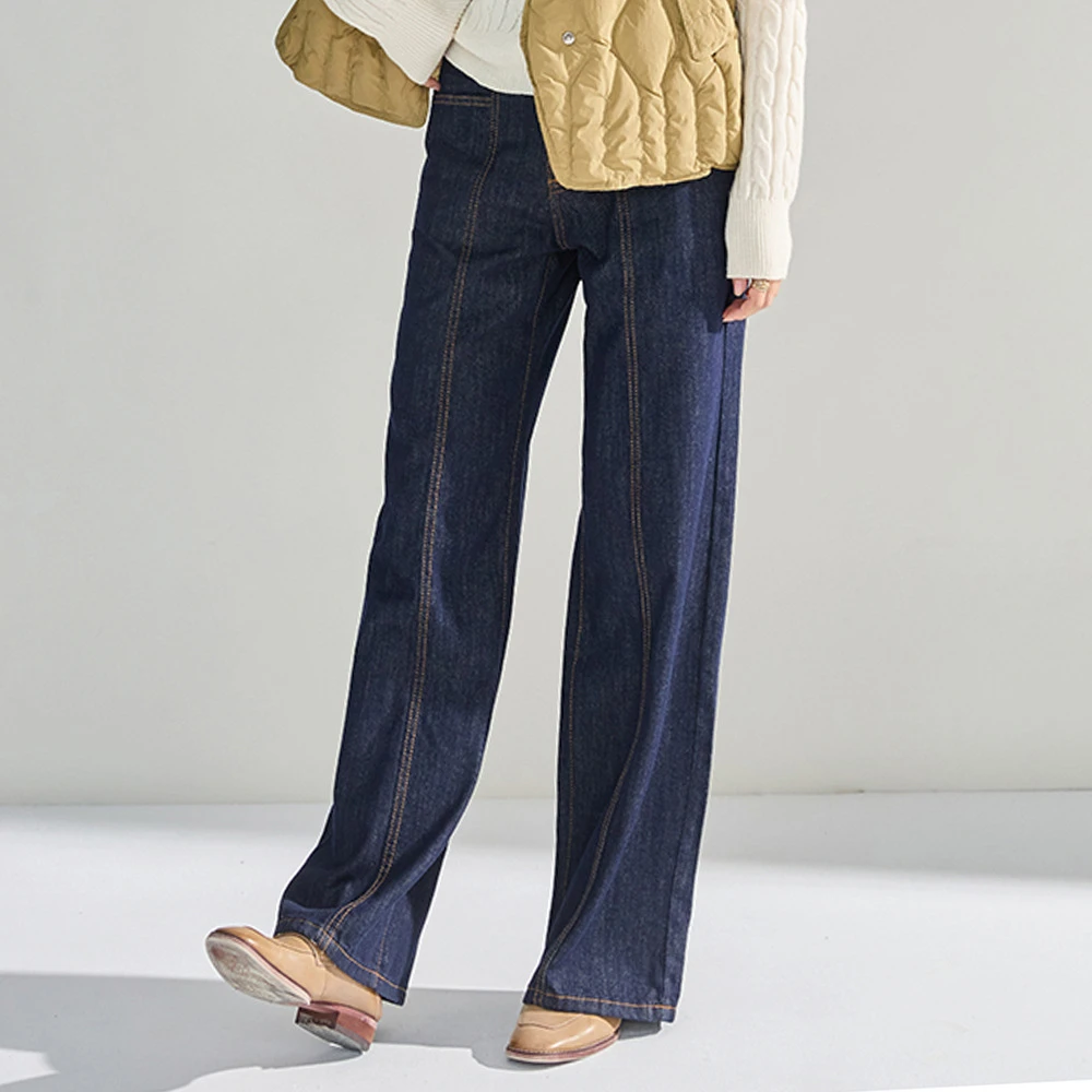 牛仔色窄版直筒宽松深色复古撞色金丝撞线牛仔裤女22470