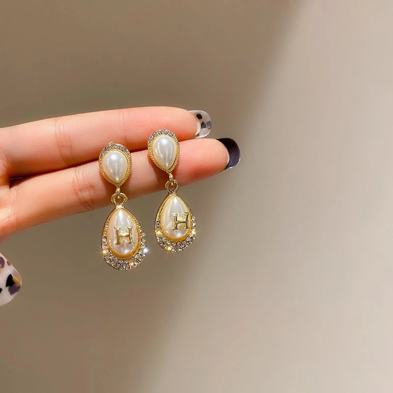铜合金耳饰 时尚新款水滴珍珠字母H耳环耳坠-1254