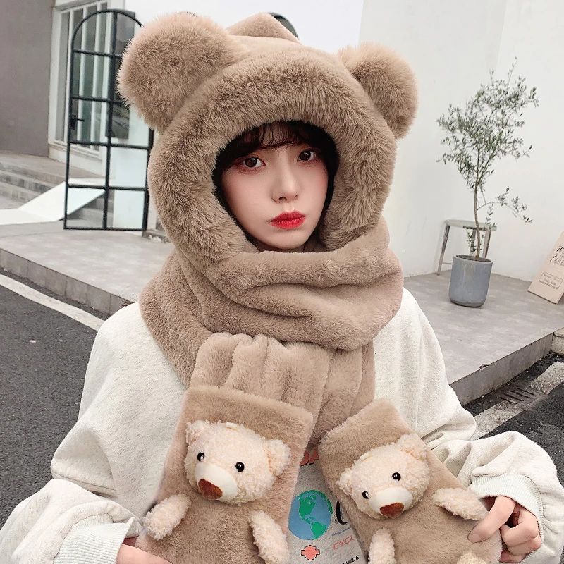 儿童帽子围巾手套三件套冬季加绒加厚女童一体帽男大童保暖防风帽