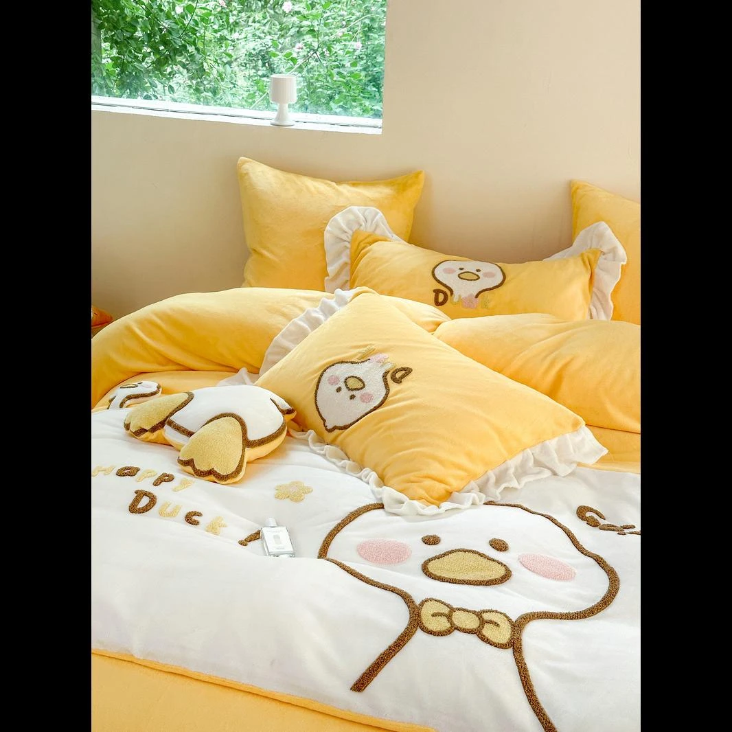 ins可爱鸭卡通儿童A类牛奶绒四件套双面绒加厚被套保暖珊瑚