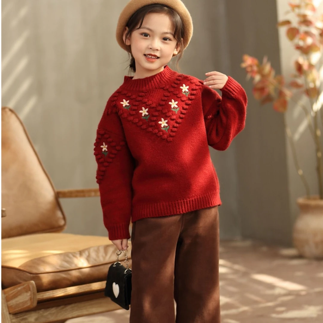 女童毛衣冬装2023新款宝宝套头加厚线衣秋冬季儿童加绒针织打底衫