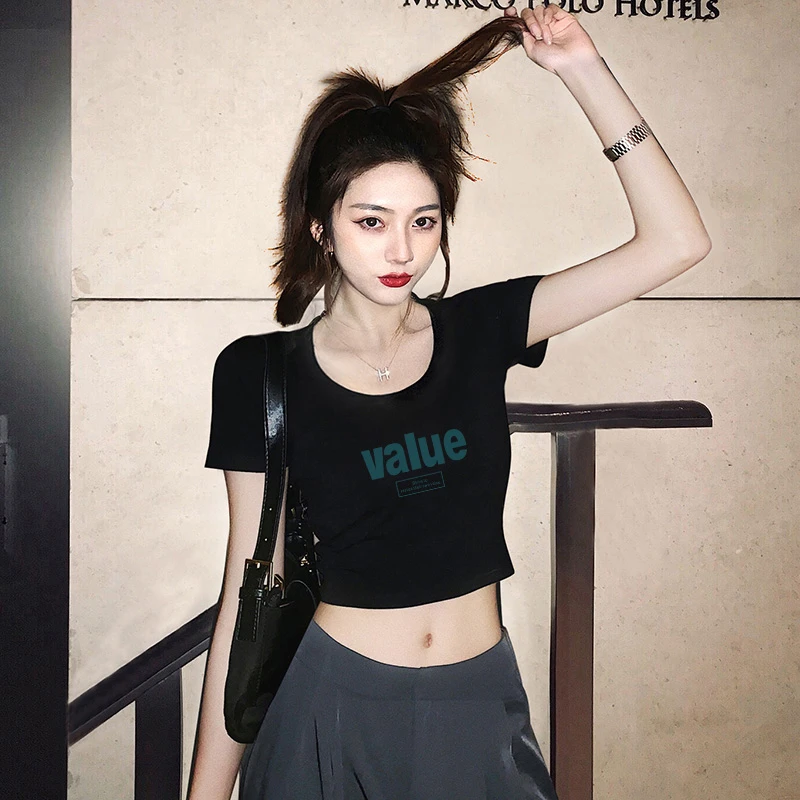 短款t恤女短袖黑色露脐高腰紧身上衣修身纯棉小个子半袖设计感夏