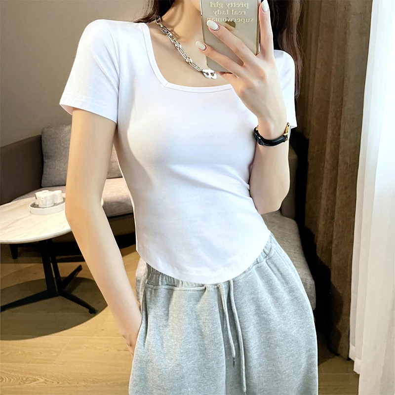 白色t恤女短袖短款春夏设计感小众紧身不规则方领纯棉打底上衣潮