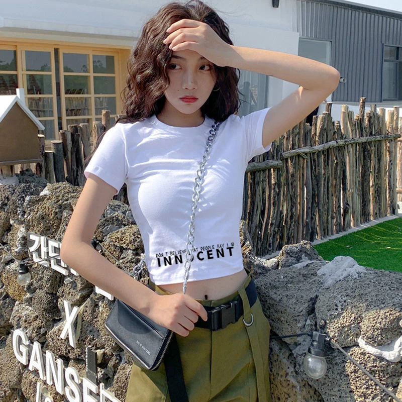 白色短款短袖t恤女高腰露脐纯棉修身夏季打底紧身半高领打底上衣