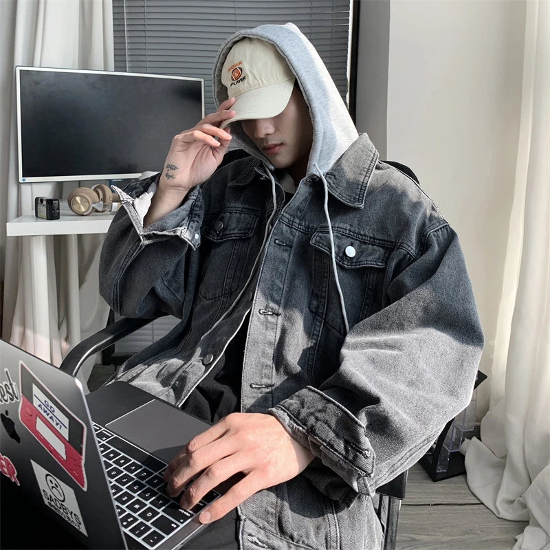 大码牛仔夹克男秋季高街hiphop港风宽松大码学生复古潮牌嘻哈外套