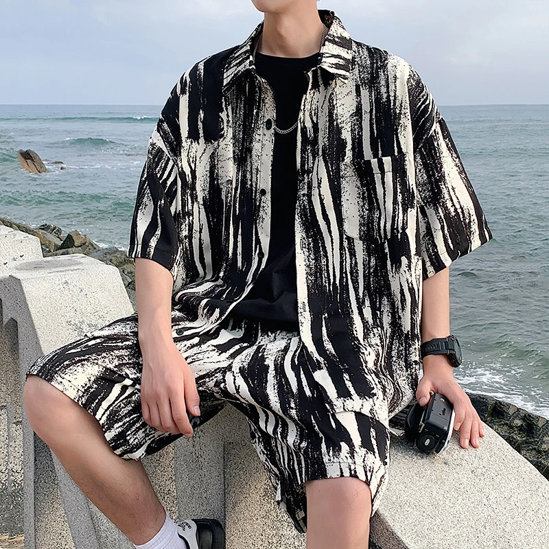 水墨印花夏季痞帅冰丝短袖衬衫轻奢宽松套装条纹短袖衬衣两件套潮